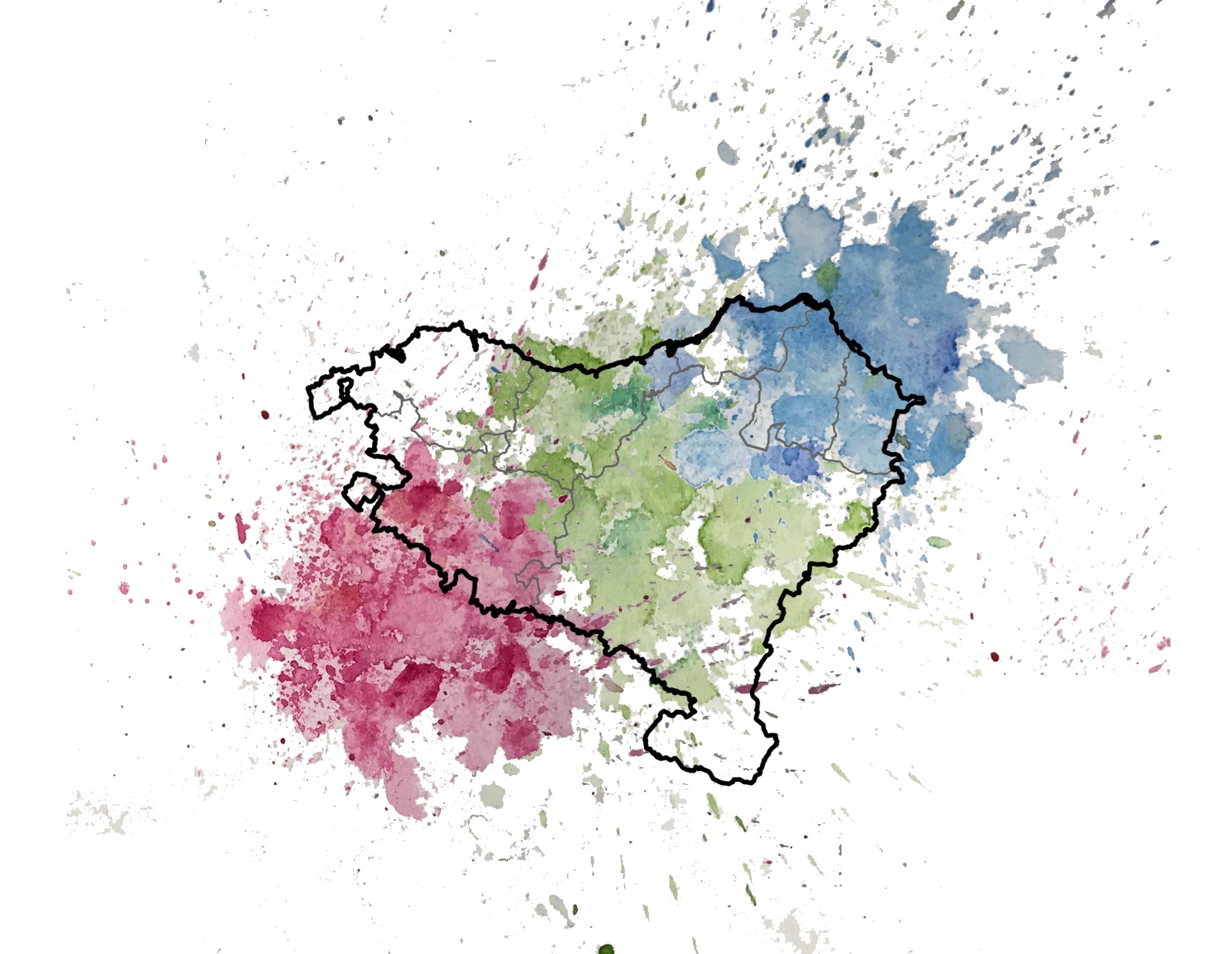 Colour representation of the genetic mix and structure in the Basque Country; green symbolizes the Basques, while blue and red show mixing with adjacent populations. Credit: André Flores-Bello.