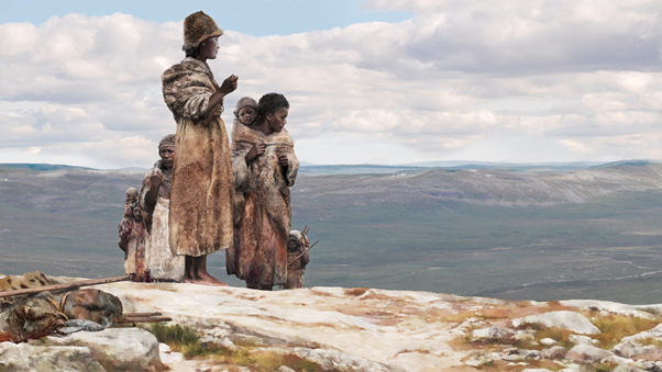 Imatge inicial - Illustration of the Zlatý kůň/Ranis group. Around 45,000 years ago, individuals from Ranis in Germany and Zlatý kůň in Czechia likely traveled together across the open steppe landscapes of Europe. Credit to Tom Björklund for Max Planck Institute for Evolutionary Anthropology.