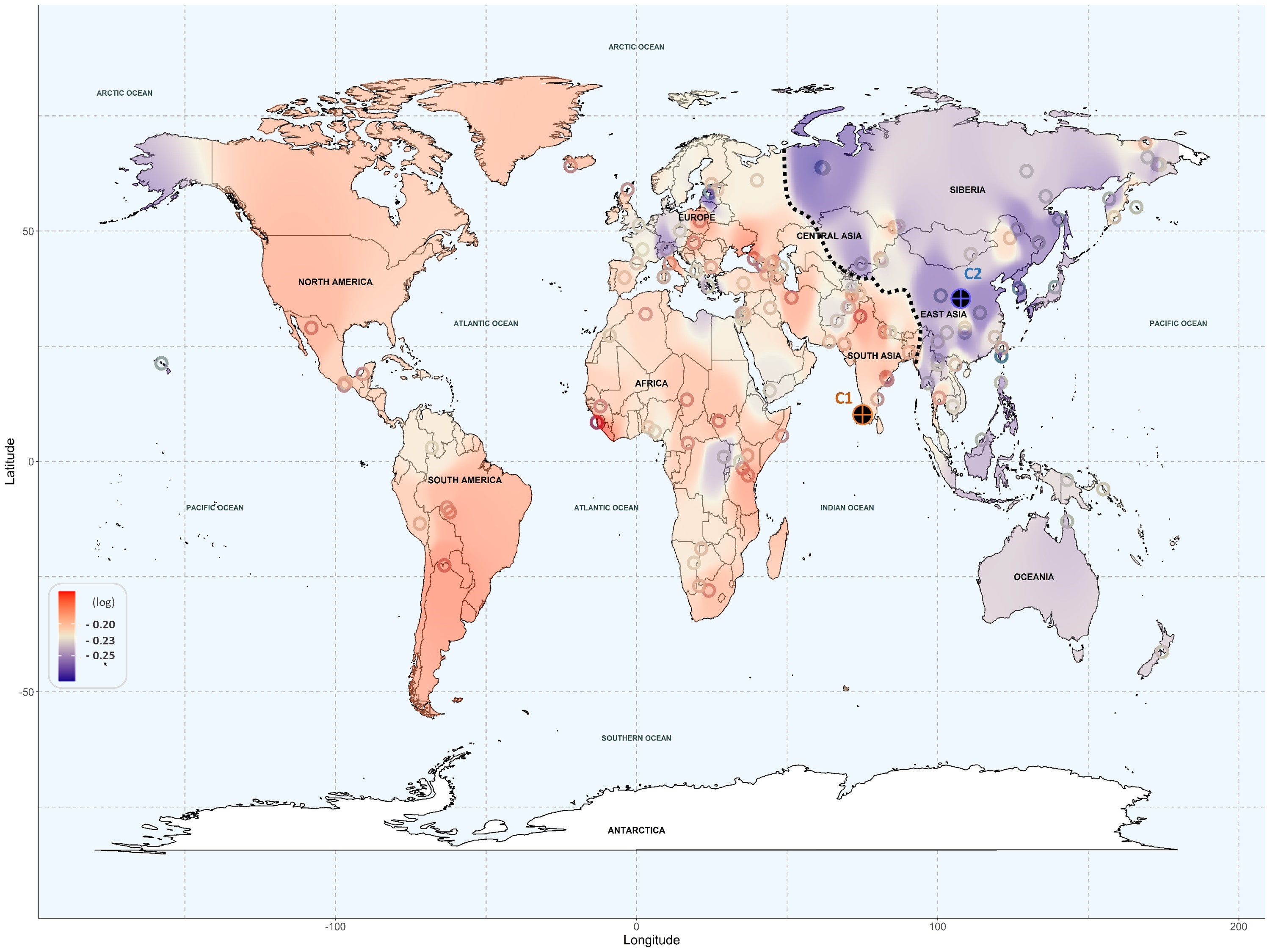 Imatge inicial - Un mapa global predictivo de la diversidad genética revela distintos patrones geográficos relacionados con los efectos adversos de los medicamentos. Cada región de muestreo se ha representado en el mapa mediante puntos de datos circulares, y los colores (azul oscuro o rojo claro) indican la estimación del riesgo dentro de las respectivas regiones. En rojo se muestran las regiones con mayor riesgo y en azul las regiones con menor riesgo. Crédito a Kariofyllis Karamperis y Òscar Lao.