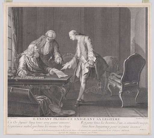 El hijo pródigo pidiendo su herencia. Grabado de 1751 del artista francés René Gaillard. Crédito: The Metropolitan Museum of Art, con licencia CC0 del dominio público.